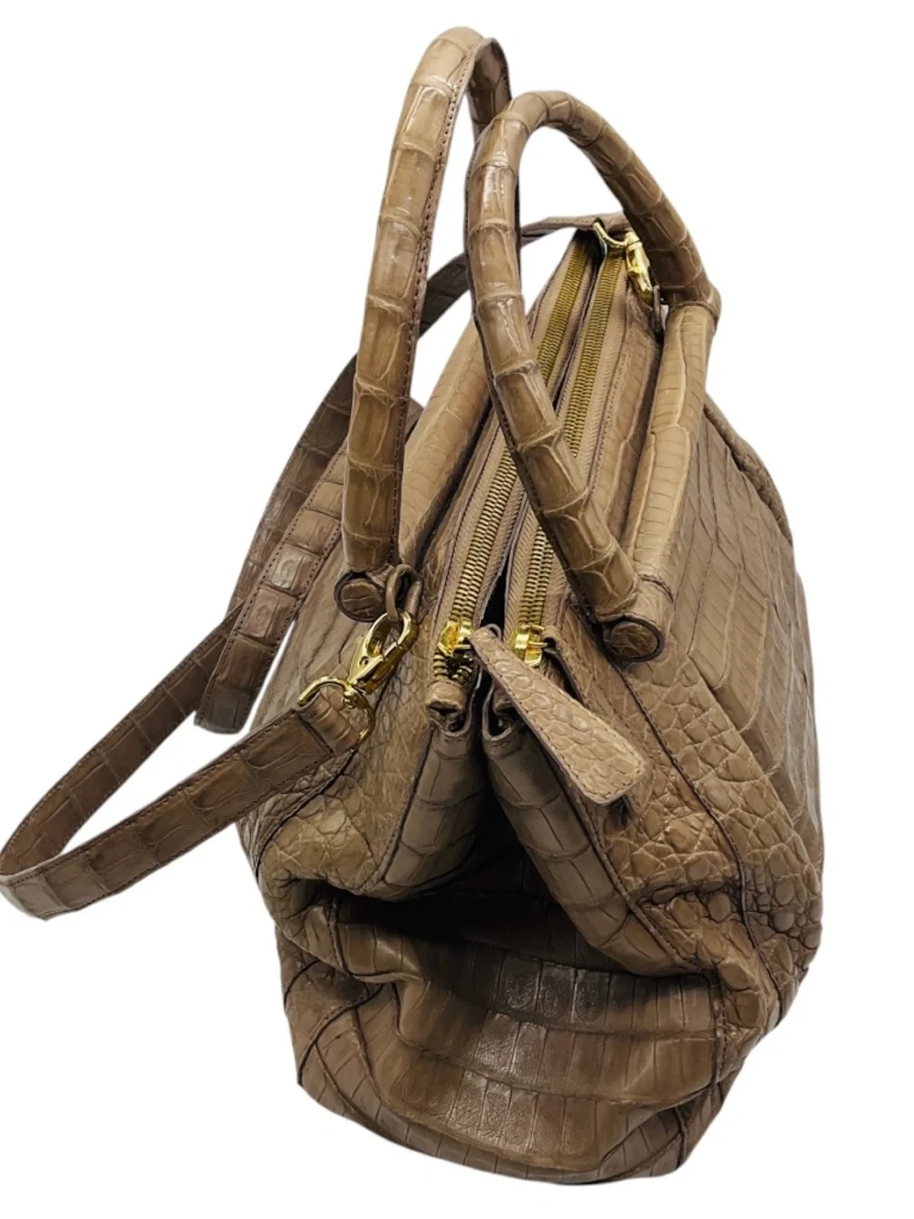 NANCY GONZALEZ TAUPE GENUINE CROCODILE DOUBLE TOP HANDLE SATCHEL HANDBAG